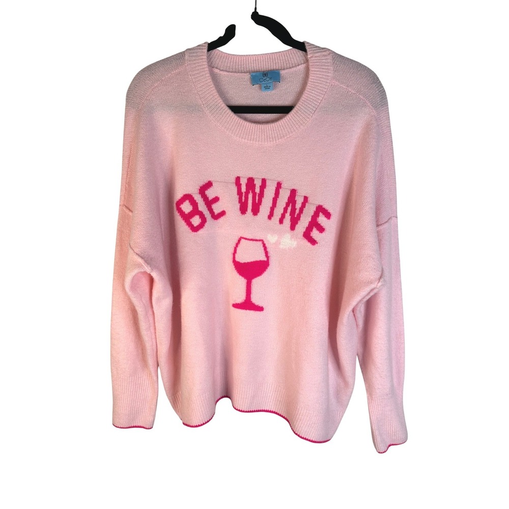 CeCe Women's Pink Be Wine Graphic Knit Crewneck Sweater‎ Size Large